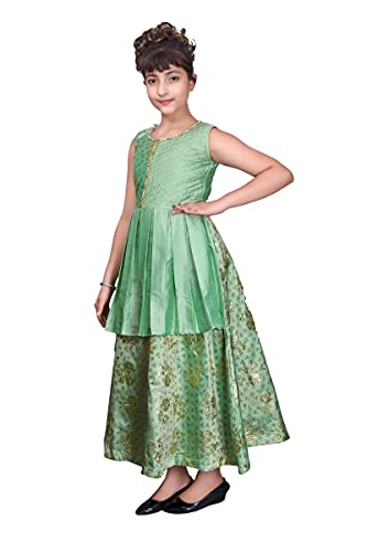Image of Sky Heights Girl's Silk Slend Fit and Flare Maxi Wedding Dress (ZB Print Green38 Green 13-14 Years)