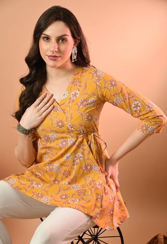 Image of feranoid Floral Print Angrakha 3 Sleeves Flared Kurti