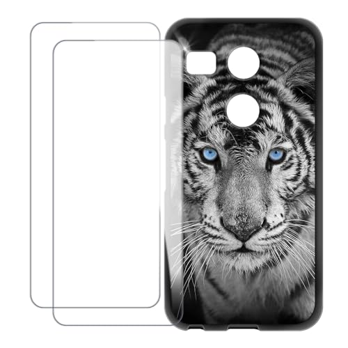 UOGNADGD Compatible with LG Nexus 5X Case Colorful Custom Cover with 2 Pack Tempered Glass Screen Protectors - Shockproof Scratch-Resistant (Tiger)