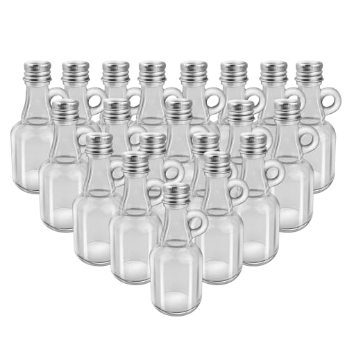 BUWUSMU 20 Pcs Glass Syrup Bottles with Aluminum Lids and Loop Handle Clear Glass Bottles Reusable Maple Syrup Jars Syrup Container Stout Sample Bottles for Potion Juice Milk Storage Sauce Oil, 1.7oz