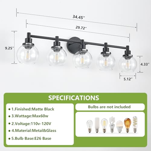 Image of 5-Light Bathroom Light Fixture Black Vanity Lights Over Mirror Modern Wall Sconce Farmhouse Vintage Bathroom Vanity Lighting with Glass Shade for Bedroom Hallway Cabinet Bathroom