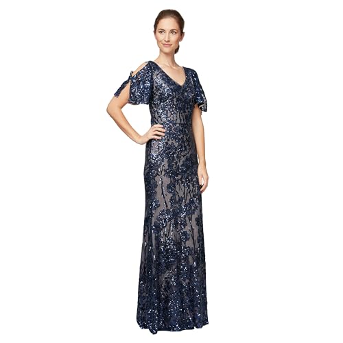 Alex Evenings Women's Long Mother of The Bride Sequin Dress with Cold Shoulder Flutter Sleeves (Petite and Regular Sizes)