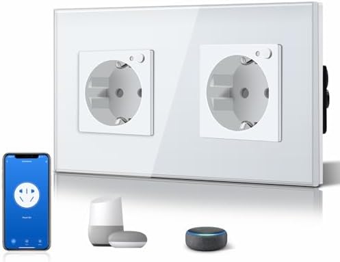 BSEED Schuko Wifi Steckdose 16A Smart Alexa Glassteckdose, 1 Pack Doppelsteckdose 2 Weg Weiß 157mm Unterputz-Installation APP-Steuerung Arbeit mit Alex DIY Free Spin Nur 2.4 GHz