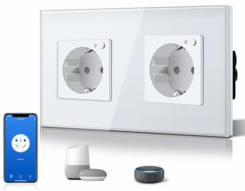 BSEED Double prise Schuko intelligente en verre, avec WiFi, 16 A, 2 voies, 157 mm, encastrée, contrôle par application, compatible avec Alexa, DIY Free Spin, 2,4 GHz seulement (blanc)