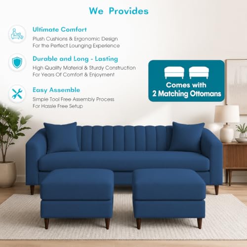 Image of Doraldo 3 Seater Sofa Set with 2 Ottoman for Living Room (Blue) Premium Fabric Sofa