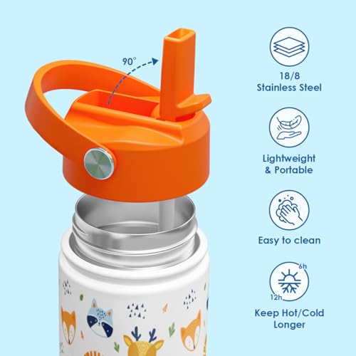 Image of SANDJEST Kid Water Bottle 12oz with Straw Lid - 2-Pack Insulated Stainless Steel Water Bottles for Kids Girls - Travel Cup for Back to School Sports Christmas Birthday (Animals & Sea Animals)
