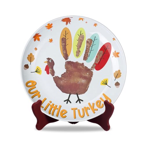 Image of Our Little Turkey DIY My Baby's First Thanksgiving Ceramic Novelty Plates Gifts for Babies, Handprint Footprint Crafts, Project Memory Keepsake Milestone, Happy Thanksgiving Decor 8'', Toddler Craft