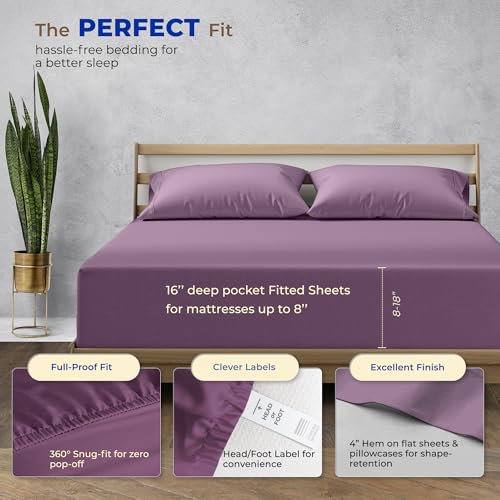 Image of THREAD SPREAD California King Bed Sheets, Luxury 1000 Series Paradise Collection 100% Egyptian Cotton Cal King Sheets Set (4 PC, Plum), Silky Soft, Cooling, 16 inch Deep Pocket Hotel Sheet Set