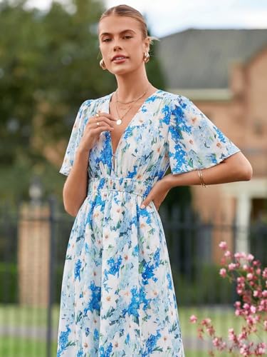 Image of Flessibili Womens Short Sleeve Floral Maxi Dresses 2026 Spring Wedding Guest Party Summer Dress Blue White Lily X-Large