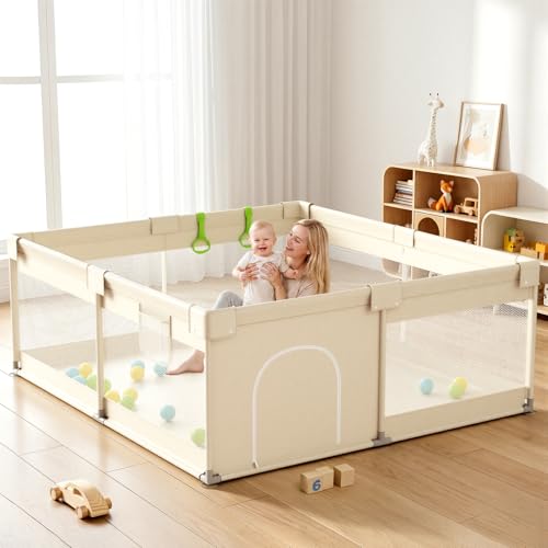 Uanlauo Beige Small Baby Playpen - 47x47in Playpen for Babies and Toddlers