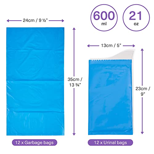 Bramble 12 Einweg Urinbeutel (600ml) & 12 Müllbeutel für Frauen, Männer, Kinder - Pinkelbeutel, WC, Notfall Toilette für Unterwegs, Auto, Camping, Reise (Packung mit 2)