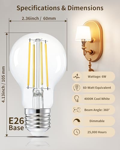 Image of Lafoy LED Edison Bulb 4000K Cool Bright White, Dimmable 60 Watt Equivalent A19 Globe Light Bulbs, Vintage E26 Medium Base Antique Style, 700 Lumen 60W Replacement, 120V 6 Pack