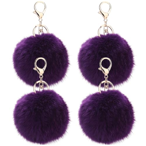 JK Home Lot de 4 Porte-clés Pompon en Fausse Fourrure Pendantif pour Sac à Main Voiture Bagage Porte-clé Saint-Valentin Anniversaire Violet Foncé