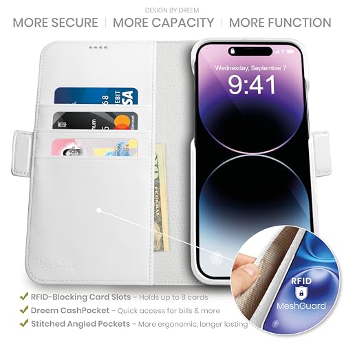 Image of dreem Fibonacci Compatible with iPhone 14 Plus Wallet case / 2-in-1 Shockproof case and Detachable Vegan Leather Folio, MagSafe Compatible, RFID Protection [White]