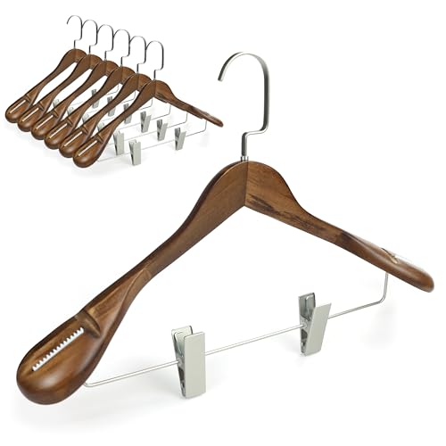 Wood Star 木製ハンガー 強力クリップペイ 6本セット 多機能 ブラウン 手作りの天然高級木材使用、滑り止め付きワイドショルダー 滑らか仕上げ 360度回転フック 無垢材 コートハンガー ドレス、スーツ ジャケット、パンツ、重い衣類、約44.5×5.5cm (レトロブラウン)