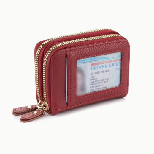 Compact Dual Zipper Wallet with Clear ID Window - Large Capacity Credit Card Holder for Women & Men, Coin Purse, Lightweight & Stylish for Everyday Use (Red)2