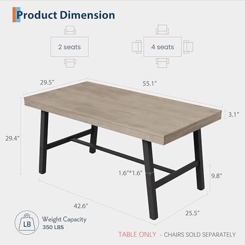 Image of GarveeHome Industrial Dining Table for 2-4, 55 inch Heavy Duty Rectangular Kitchen Table with 2 inchx2 inch Metal Legs, Small Space Dining Table for Kitchen, Dining Room (Grey, 55 inch Non-extendable)