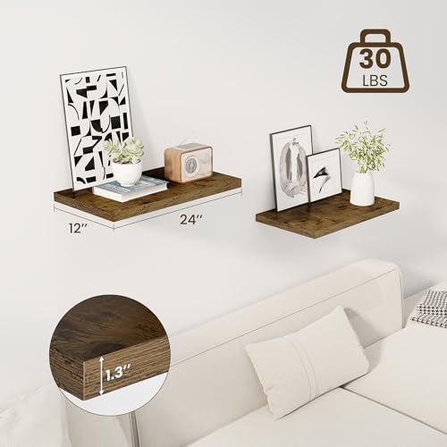 Image of Dreamland 24 inch Floating Shelves for Wall, 12 inch Deep Slim Rustic Brown Floating Shelves, Wall-Mounted Shelves for Bedroom, Living Room, Kitchen, Bathroom - Set of 2