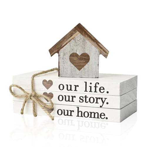 Smile Farmhouse Wooden Tabletop Decor Our Home Our Story Our Famliy Table Centerpiece, Block Sign Tiered Tray Decoration for Kitchen Shelves Desk Mantel