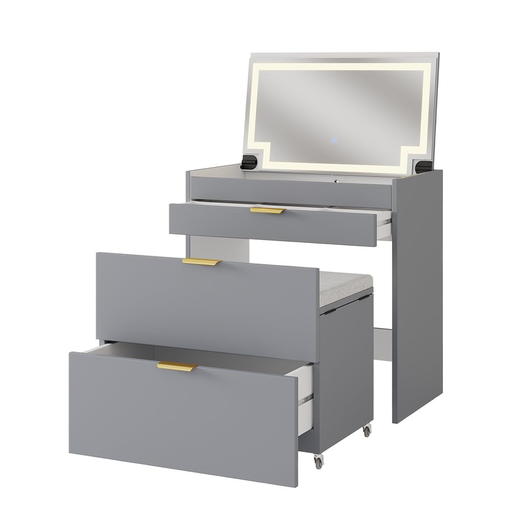 Vicco Schminkkommode Wanja, Grau, 80 cm | mit Bank und LED Spiegel, nutzbar als Schminktisch und Schreibtisch mit drehbarem Hocker