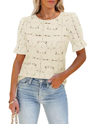 LUXVEER Women's Eyelet Tops Puff Short Sleeve Blouses Dressy Casual 2025 Summer Cute Hollow Out Crochet Lace Embroidered Boho Shirts Beige L
