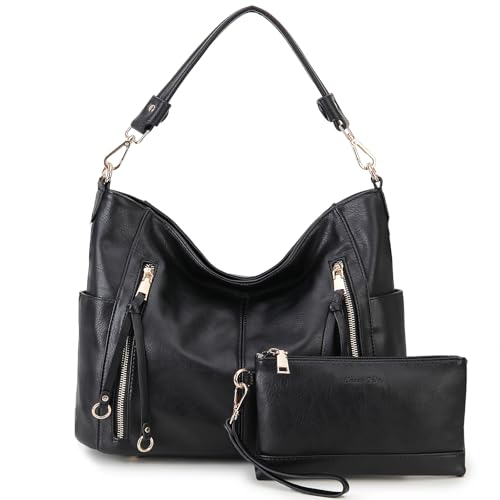 Chase Chic Bolsos de Mujer Hobo, Bolsos Bandolera Bolsos Tote Bolsos de hombro Grande PU Cuero Monedero Carteras 2pcs Set Negro