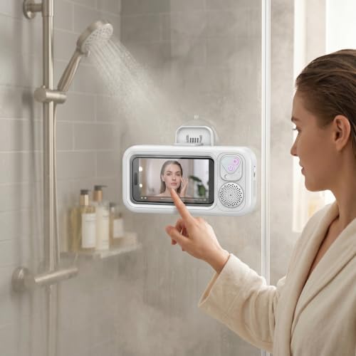Soporte para teléfono de ducha con altavoz blanco impermeable y ventosa Goutdori 6