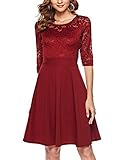 Women’s Vintage Floral Lace Cocktail Party Swing Dress with 3/4 Sleeves Burgundy