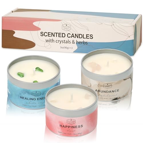 FUND AMLIGHT Kristall Duftkerzen Geschenkset für Frauen, 3er-Pack mit Sandelholz, Whitesage & Rose, Heilende Kristalle in Eisenbüchsen, Geschenk für Weihnachten, Yoga,Spa