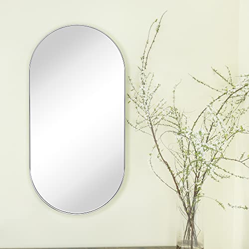 Image of TEHOME Chrome Oval Bathroom Mirror 20x40'' Pill Shaped Oblong Vanity Mirror Metal Framed Capsule Mirror for Wall in Stainless Steel Rounded Rectangular Mirrors for Wall Mounted