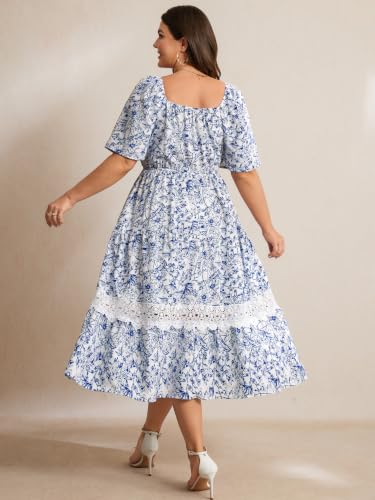 Image of RWJ Women's Plus Size Maxi Dress Short Sleeve Square Neck Flowy A-Line Lace Trim Flutter Party Casual Off Shoulder Dresses