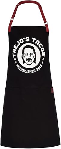 Trejo's Tacos Delantal de cocina de chef de lona negra para hombres y mujeres con correa ajustable para el cuello, Negro -