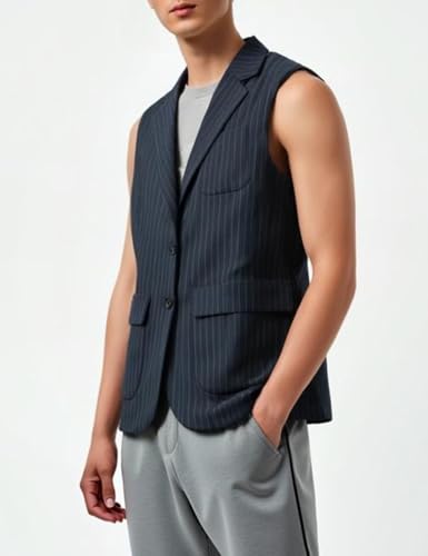 Men's PinStripe Vest Long with Big Pockets Collar Summer Striped Lightweight Vests Casual Business Formal4
