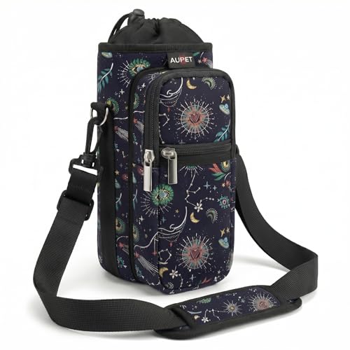 AUPET Water Bottle Sling Bag Sleeve Holder Carrier 25/32/40/64 oz,Insulated Crossbody Water Bottle Case Cover with Strap and Pockets for Men/Women Walking Hiking (Mystical Cosmic, 25oz)