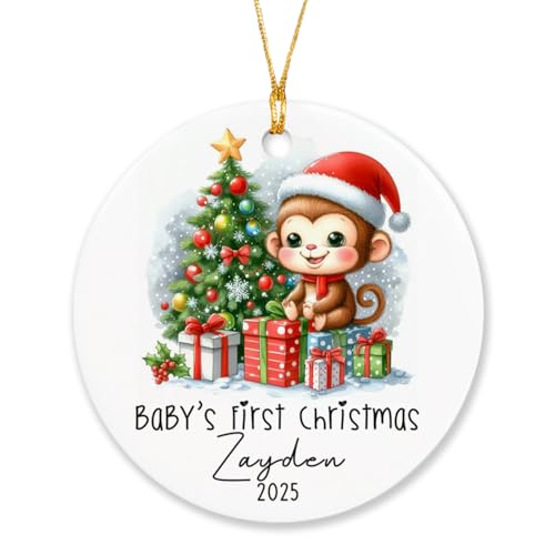 Custom Baby's First Christmas Ornament with Name & Year, Monkey Baby 1st Xmas Tree Ornament Decor, Personalized Monkey Baby's First Christmas Ornament for Kids Boy Girl, New Baby Keepsake Gift