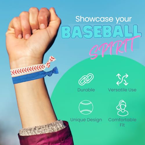 Infinity Collection Baseball Hair Ties, 5 Ponytail Holders - No Crease Hair Elastics for Women, Teens and Girls, Blue with Baseball Stitch Pattern - Perfect Softball Gift - Thumbnail 2
