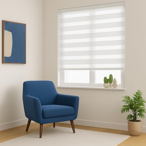 ShadesU Zebra Blinds, Indoor Window Shades, Modern Style, Auto Shades, Cortinas para Ventanas (White Color) 48