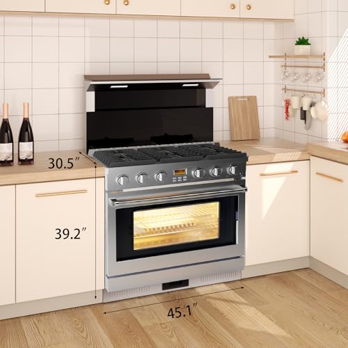 36" Gas Range Oven With 6 Sealed Gas Burner & 6.0 Cu. Ft & 106500BTU, Freestanding & Slide-In Full Gas Range Stove With Heavy Duty Grates, Stainless Steel Dual Fuel Range for Home and Commercial