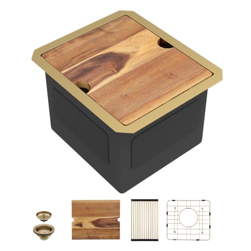 Image of 13 inchx15 inch Gold Bar Prep Sink Undermount Workstation | Brushed Gold NANO-PVD 16 Gauge T304 Stainless Steel Single Bowl Under Counter Basin for RV Kitchen Wet Bar Prep Station