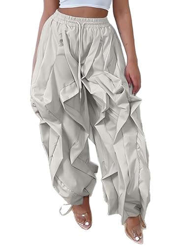 Image of Lucuna Women Balloon Pants Ruffle Fringe Drawstring High Waist Wide Leg Baggy Joggers Parachute Pants