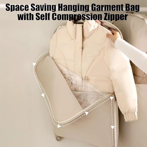 Space Saving Hanging Garment Bag with Self Compression Zipper, Three Different Sizes Breathable Dustproof Transparent Clothes Storage Bags for Travel or Home (Beige)2