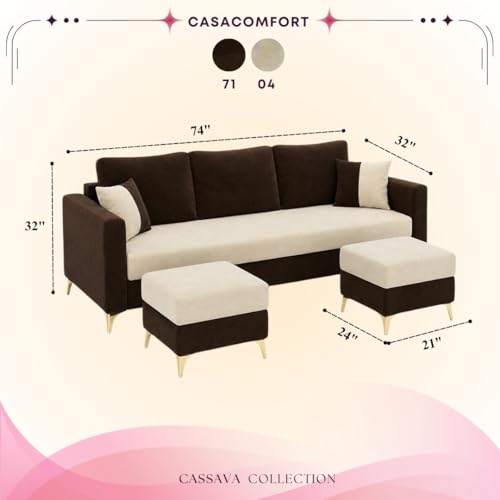Image of Classiq Rich 5 Seater L Shape Sofa Set with 2 Movable Ottomans | Flexible Layout | Rich Velvet Suede Fabric | Silver Legs | Dual Tone Modern Sofa for Living Room (Dark Brown-Cream)