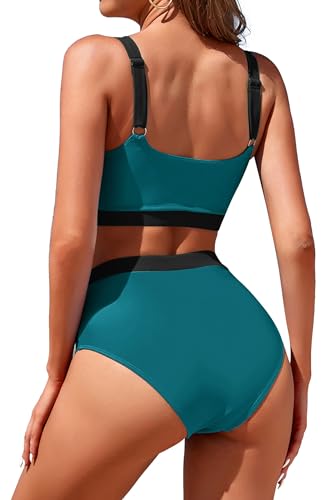 Womens High Waisted Bikini Sets Sporty Crop Top Color Block Swimwear Bandeau Scoop Neck Vintage Two Piece Bathing Suits Turquoise Black XL - Image 5
