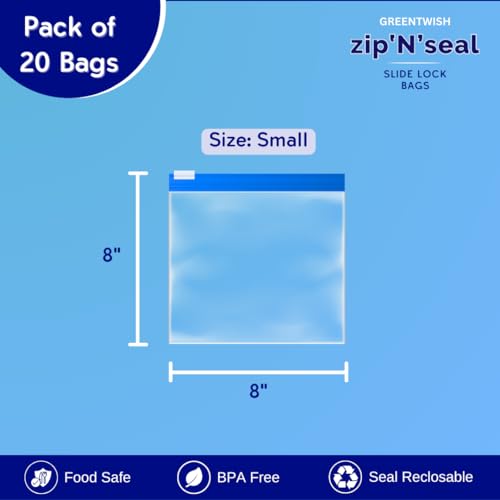 Image of GREENTWISH Zip 'N' Seal (Pack of 20) Slider Zip Lock Bag for Food Storage, Freezer /Microwave Safe, Reusable LDPE Transparent Zipper Bag, Vegetable Bags For Fridge Storage | Size: Small (8 x 8 Inch)