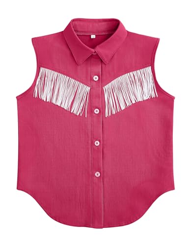 Image of Girls Fringe Shirt Sleeveless Button Down Western Cowgirl Tassel Trim Casual Blouse Shirt Top 4-13Y