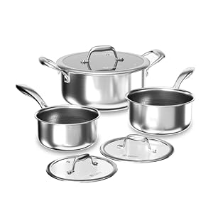 COOKER KING Hybrid Nonstick 6 Pcs Pot Set, 1.5 & 2QT Saucepan and 5-Quart Pots with Glass Lids, Induction Stainless Steel Cookware, Stay-Cool Handles, Dishwasher Safe, Compatible with All Cooktops