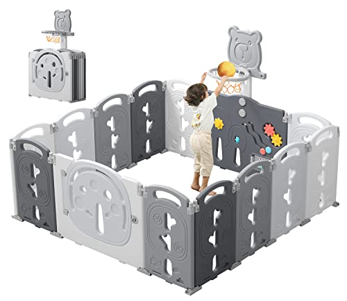 YOLEO Baby Playpen for Babies and Toddlers Portable Play Yards with Basketball Hoop Foldable Fences for Crawling Kids Large Activity Area Grey Themed 14 Panels