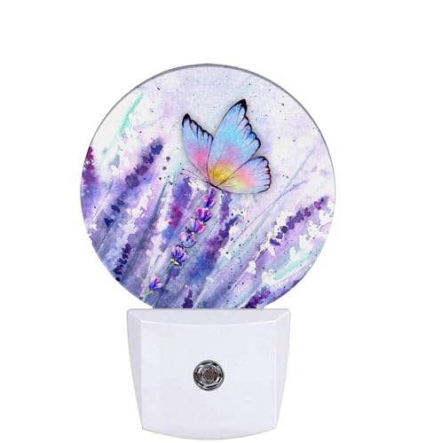 Image of Lavender Flowers Night Light,Watercolor Butterfly Night Lights Plug into Wall for Kitchens Toilets Bedroom Decorative Half Round Nightlight Led Lamp 0.5W Sleep Friendly