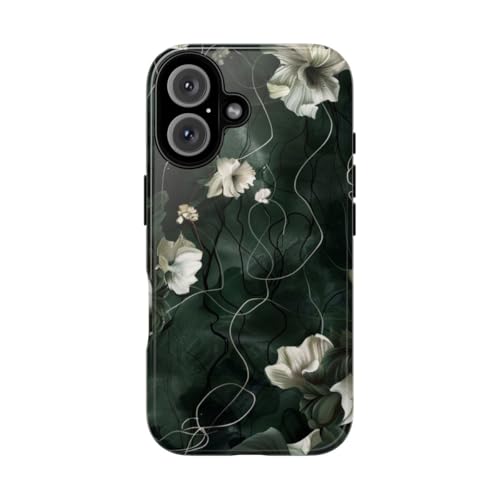 Coque rigide iPhone 16 à motif floral vert foncé brillant pour protection de smartphone