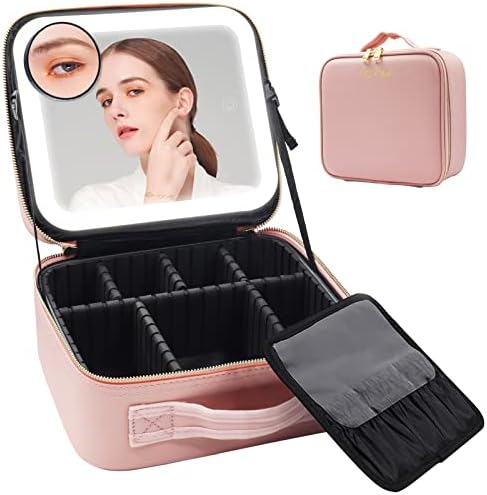 RRtide Makeup Bag with Mirror of LED Lighted, Travel Makeup Train Case Cosmetic Bag Organizer with Adjustable Dividers, Makeup Case with Mirror and Detachable 10x Magnifying Mirror